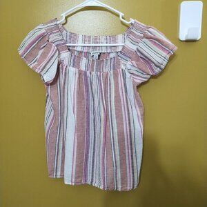 Seven Forty Two Cap Sleeve Cotton Linen Blend Smocked Blouse PL Cottage Boho